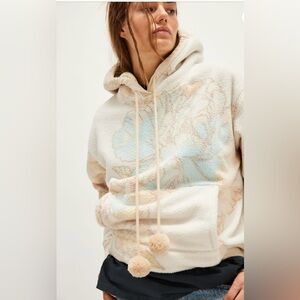 Free People With Love Floral Fleece Hoodie with Pom Poms. Size XL NWT